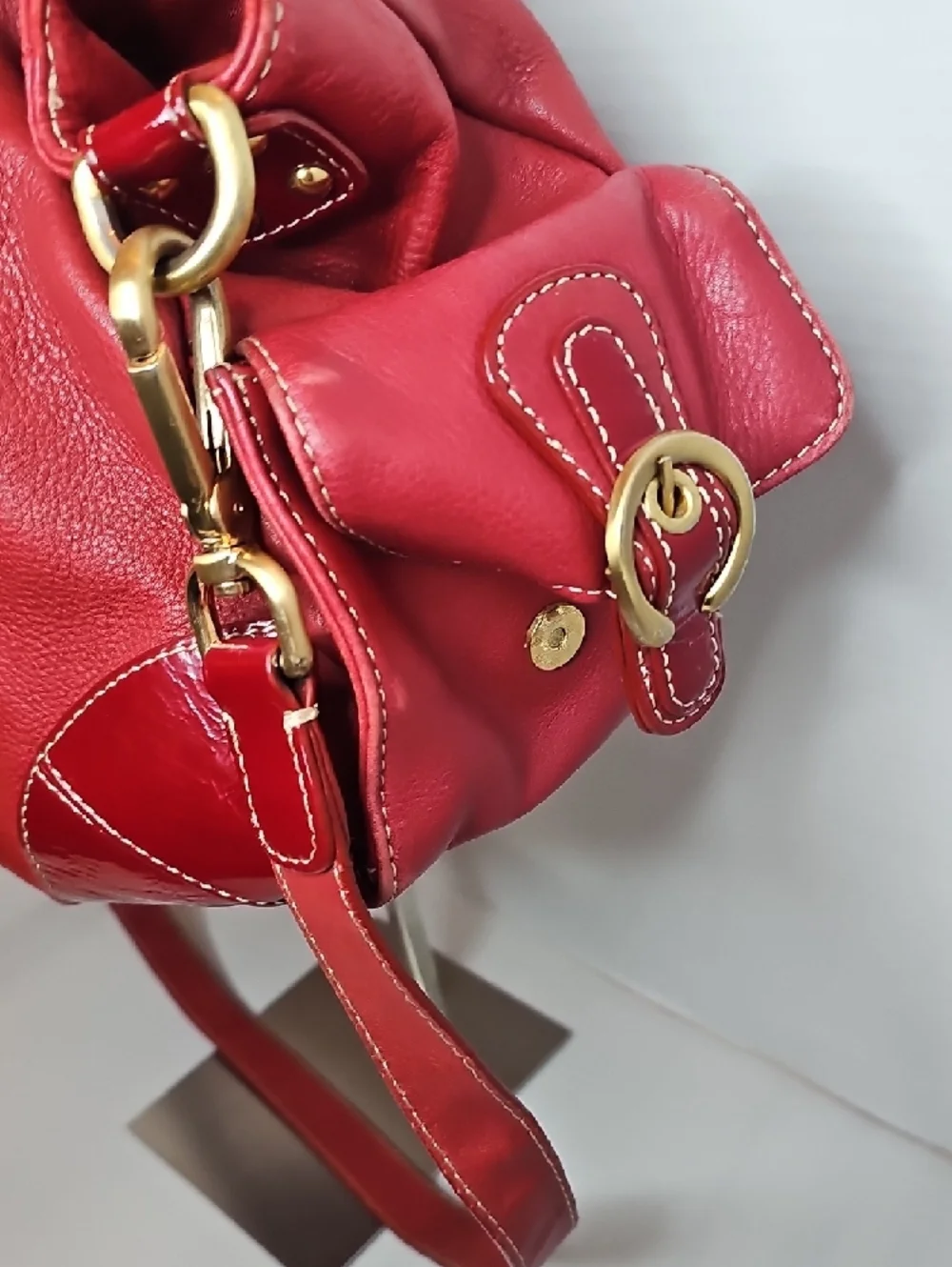 Red Leather Shoulder Bag with Gold Hardware - Picture 5 of 13